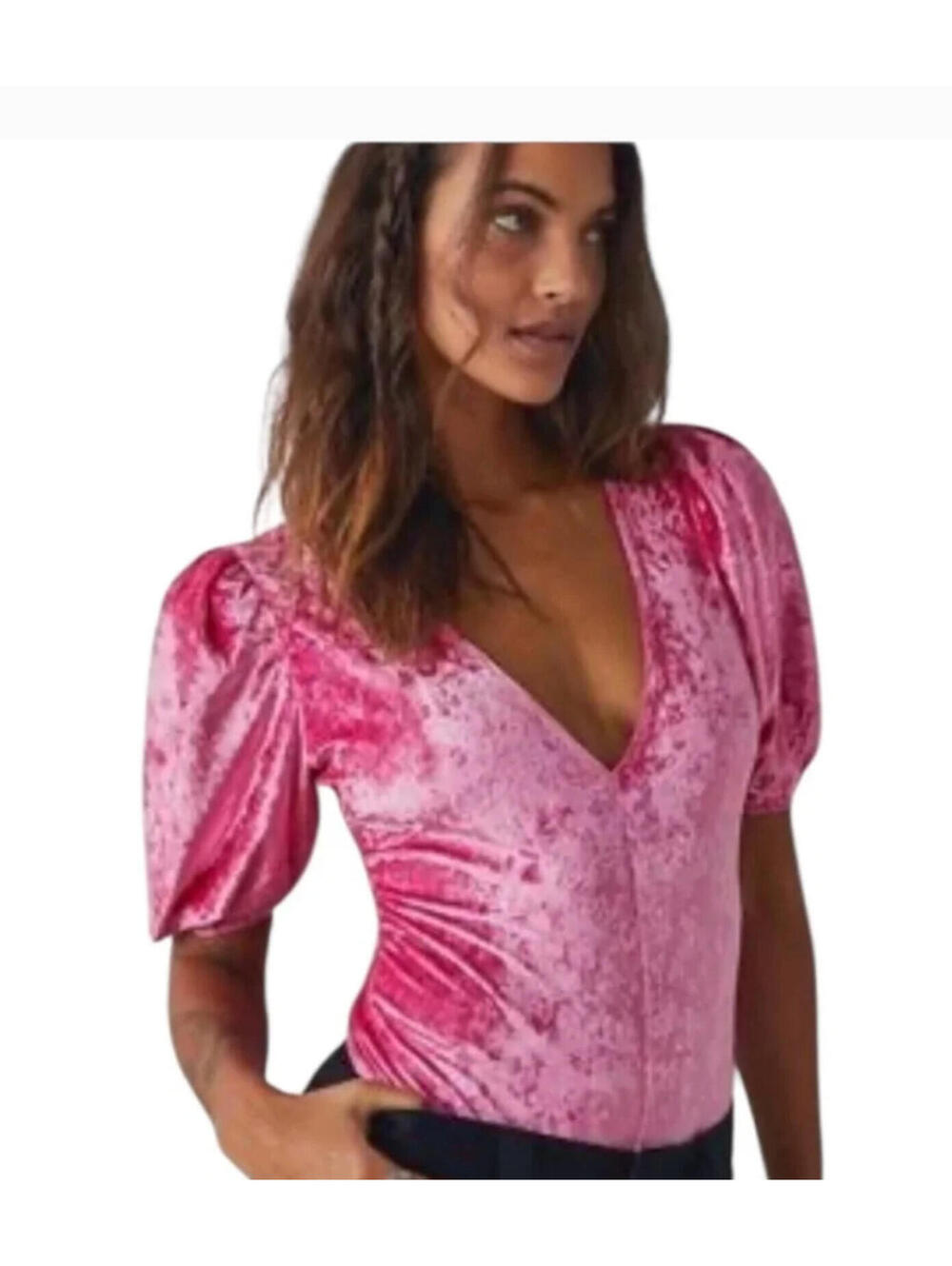 Free People sz XS pink crushed velvet short sleeve stretch body suit D new tags